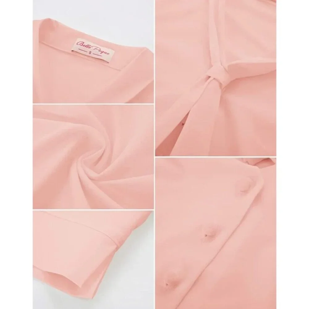 Belle Poque Women XL Pink Vtg Inspired Tie Neck Blouse Short Sleeve Cropped Top - Picture 6 of 8